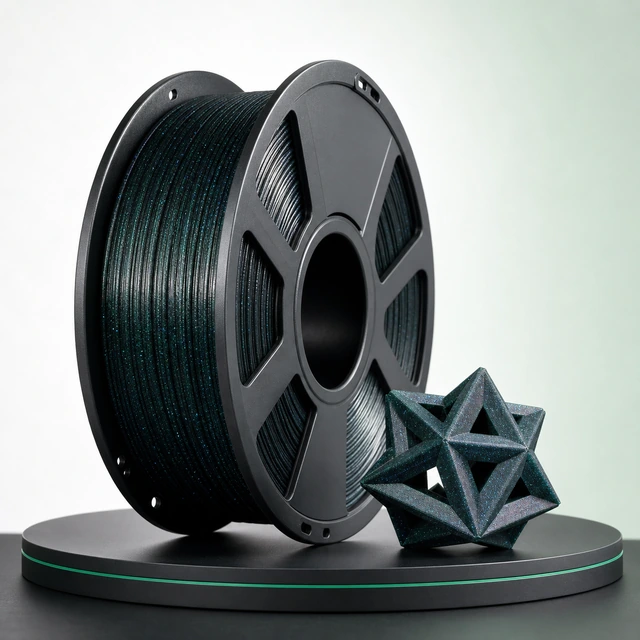 PLA Galaxy filament spool and complete printed sample