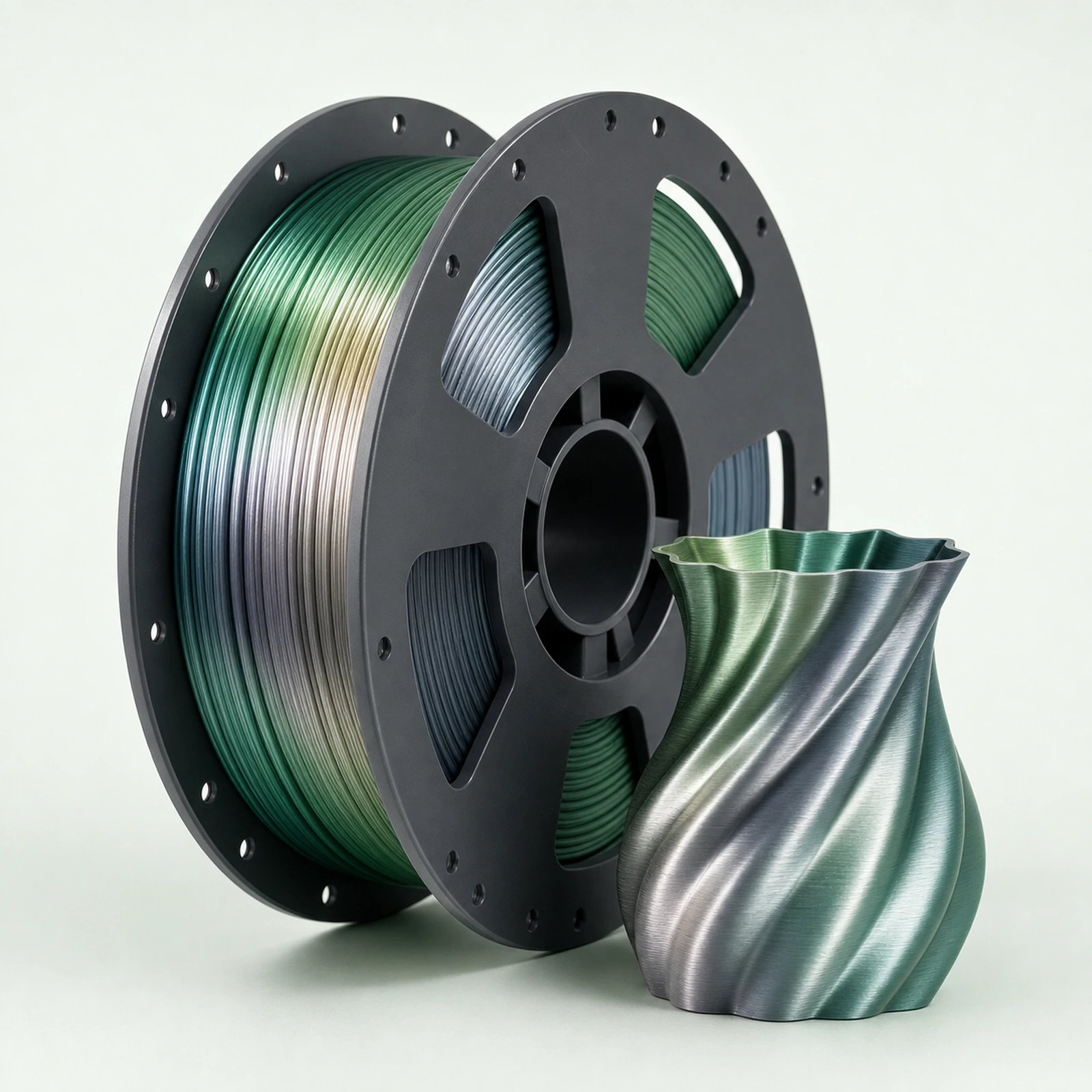 PLA Silk Multi-Color spool with a representative printed sample