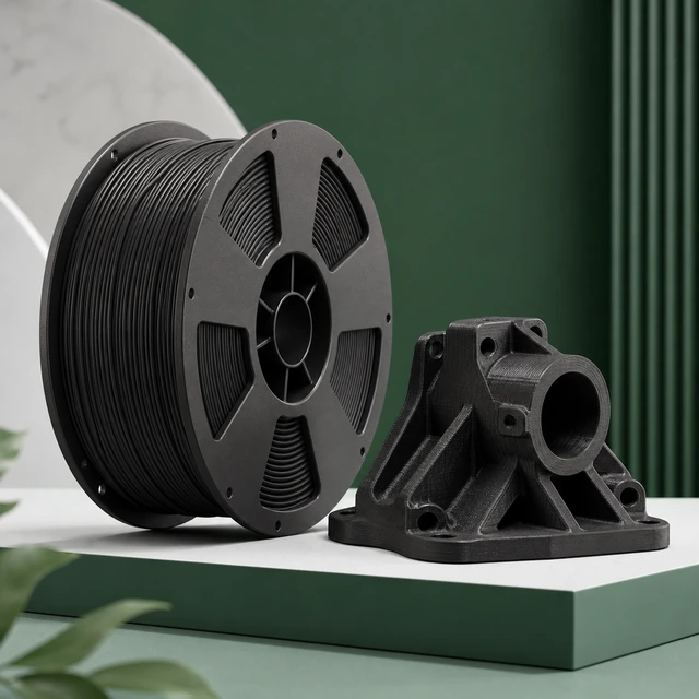 PPS-CF filament spool and complete printed sample