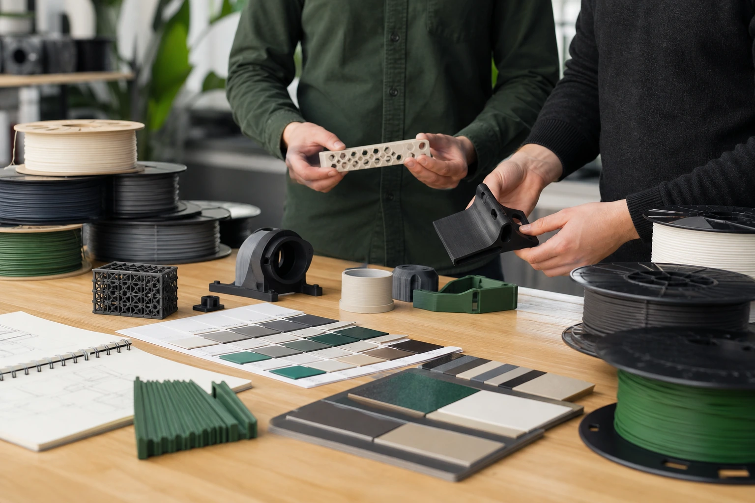Buyer program team reviewing filament range, spool, color and unbranded private-label directions