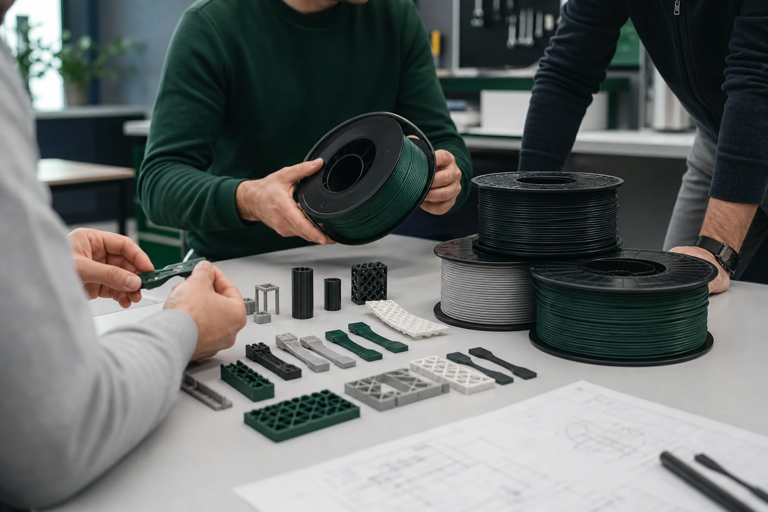 Material and sample team reviewing filament spools and complete FDM qualification parts