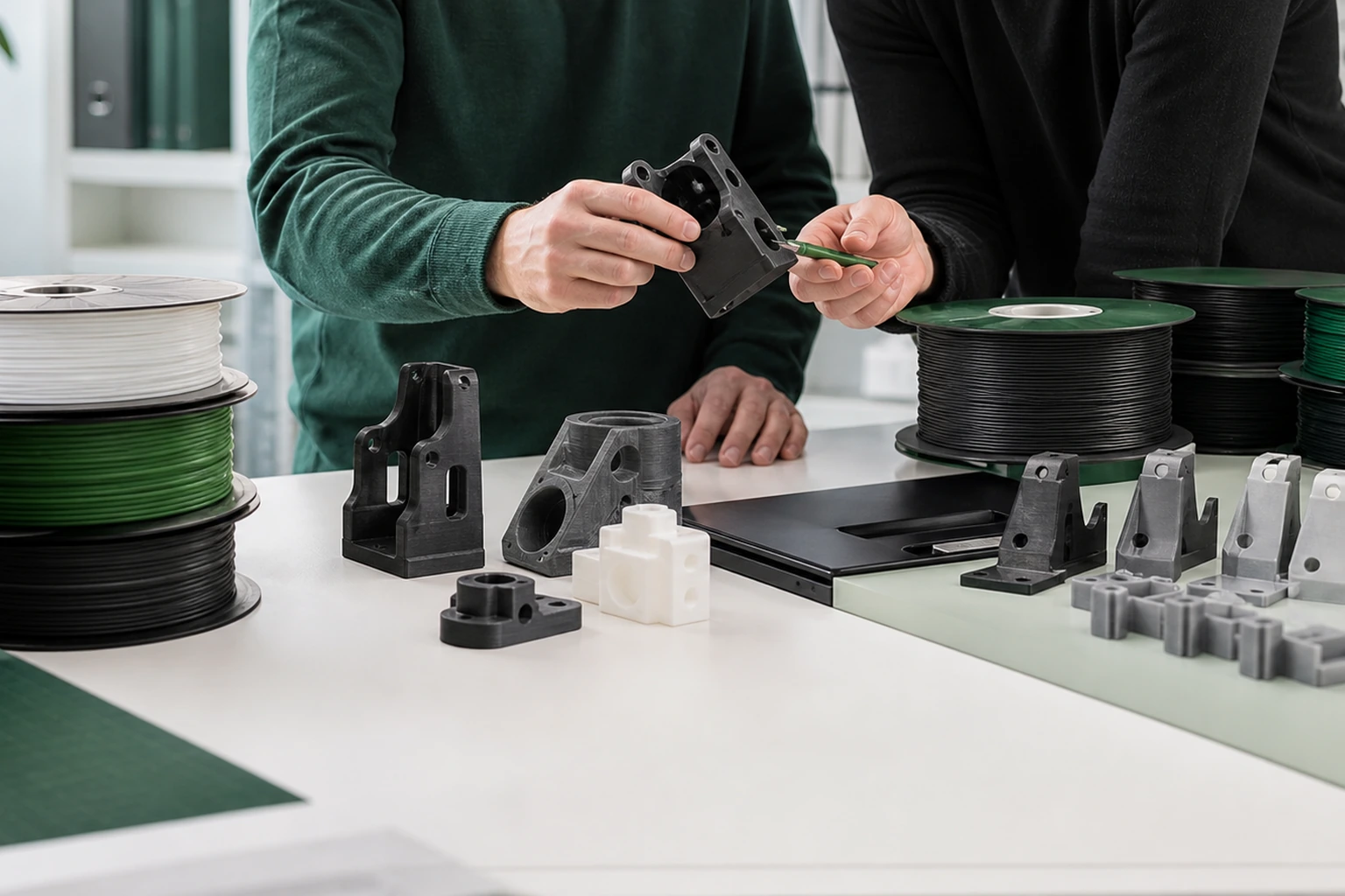 Filament samples, printed validation parts, specifications and repeat-order records arranged in sequence