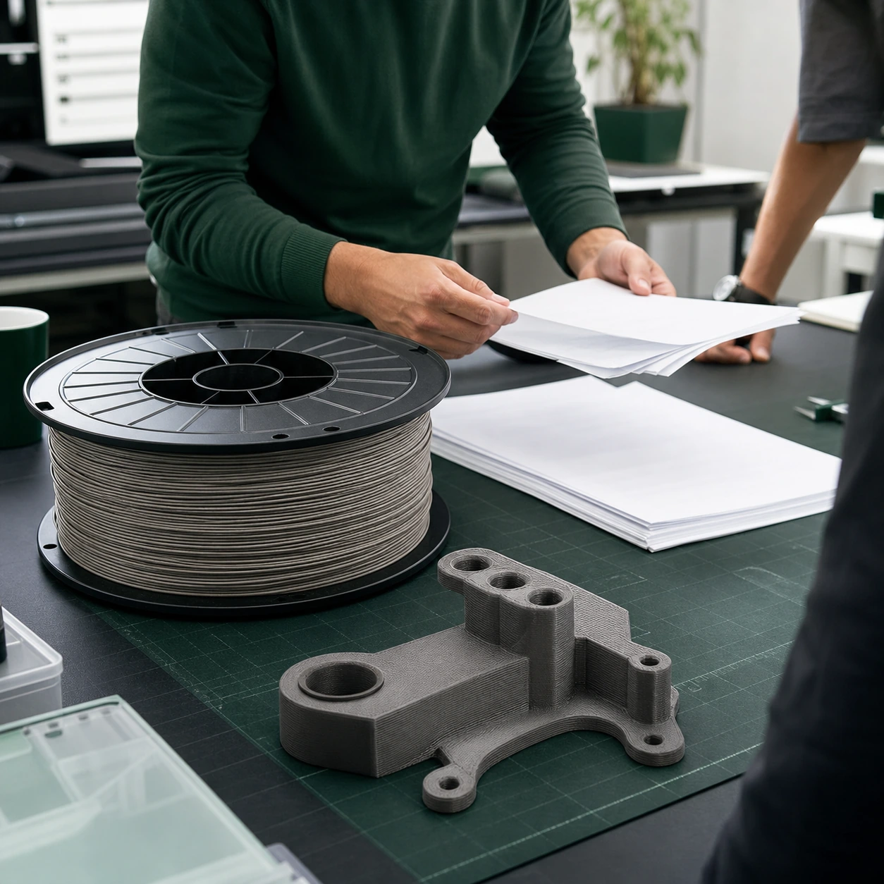 Filament grade documents, spools and complete printed samples arranged for scope review