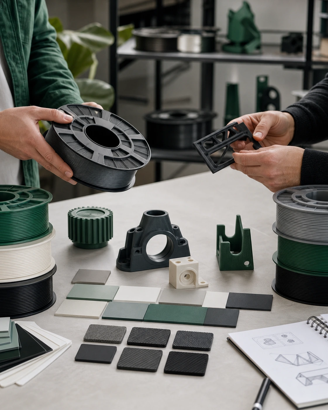 Buyer comparing a range of filament spools and printed samples