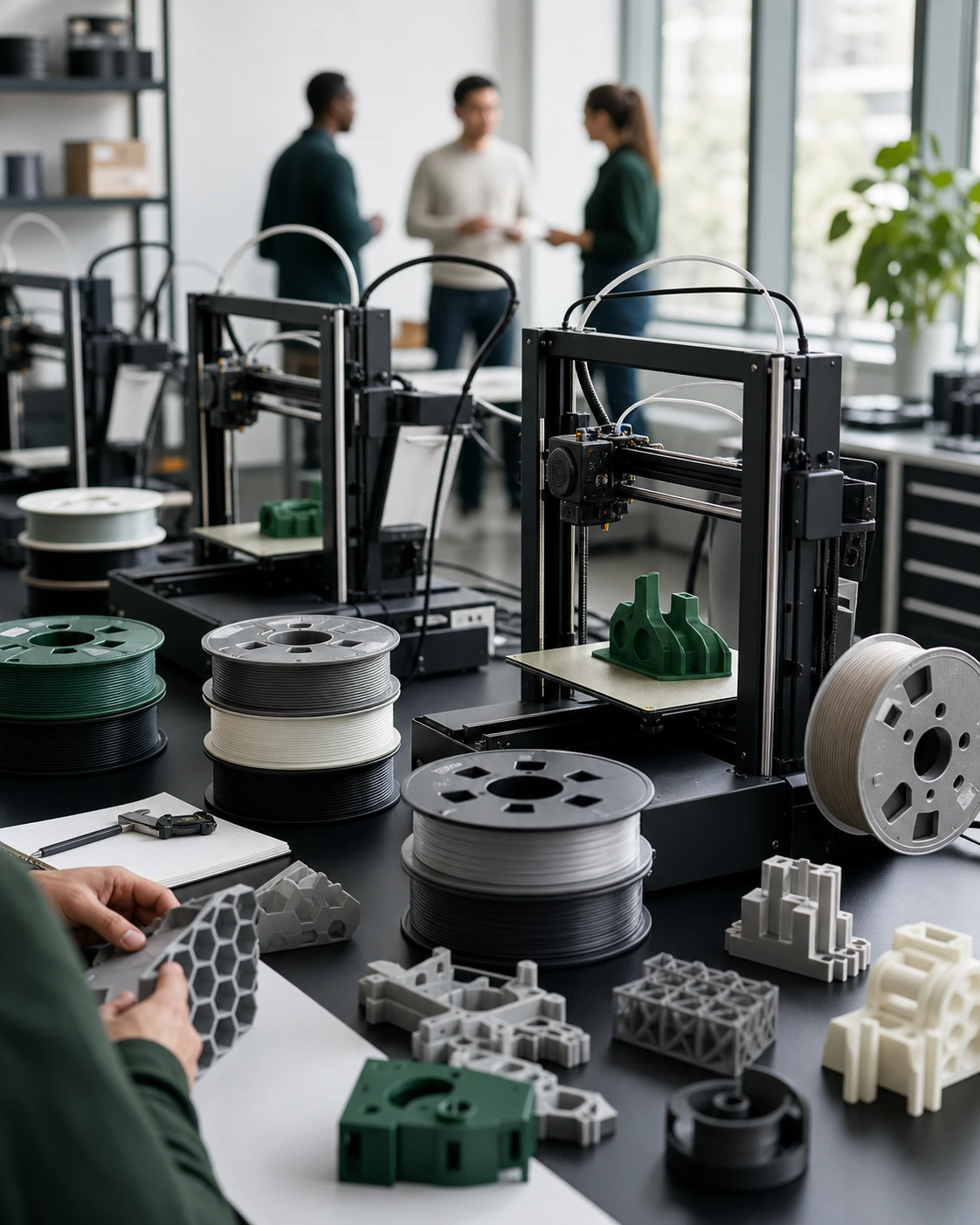 Printer program team preparing filament samples and printed parts