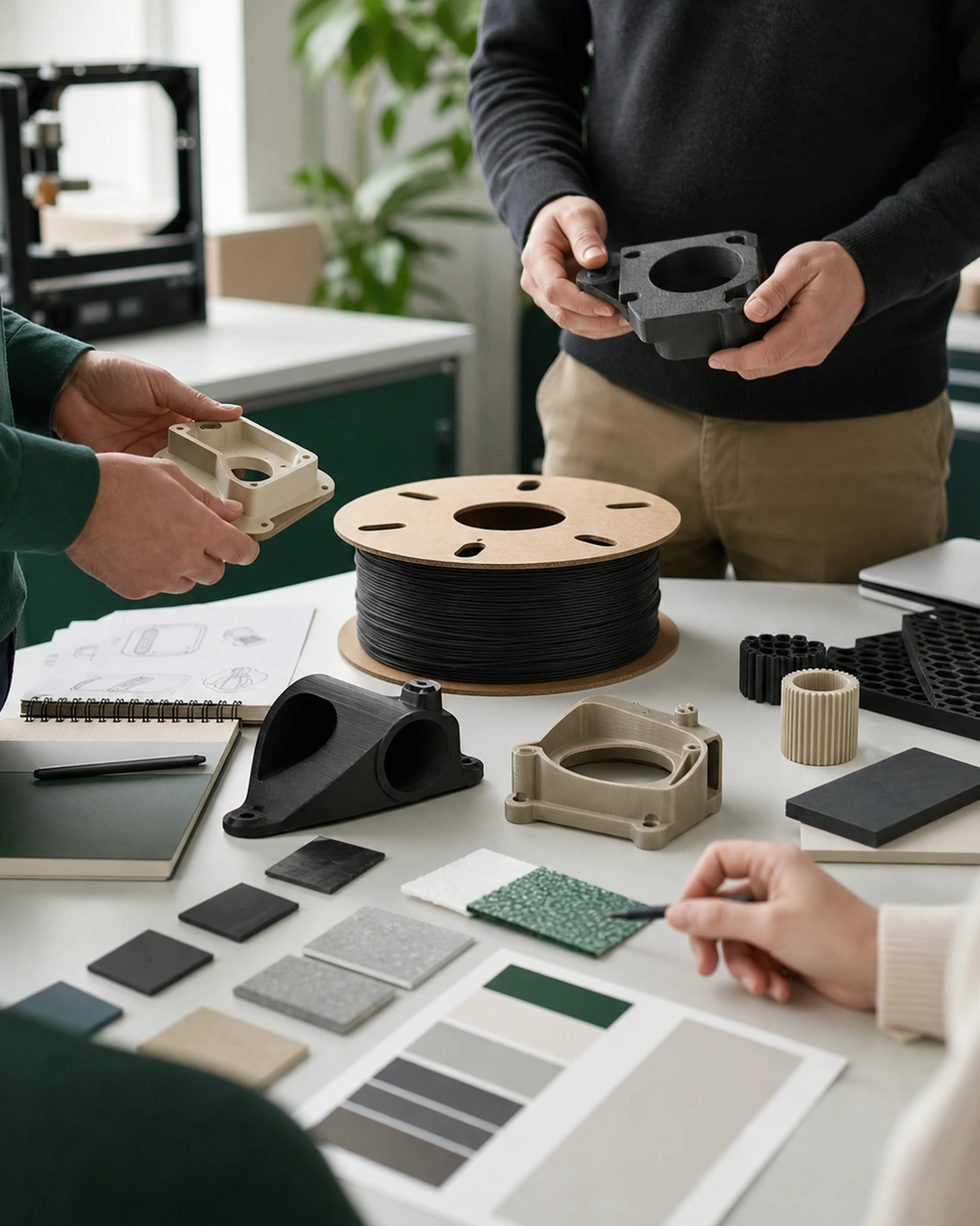 Product designer reviewing a complete colorful filament prototype