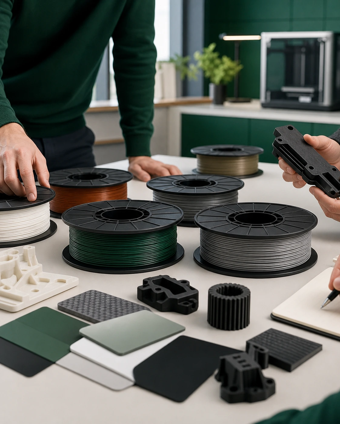 Retail buyer arranging filament spools and complete printed samples