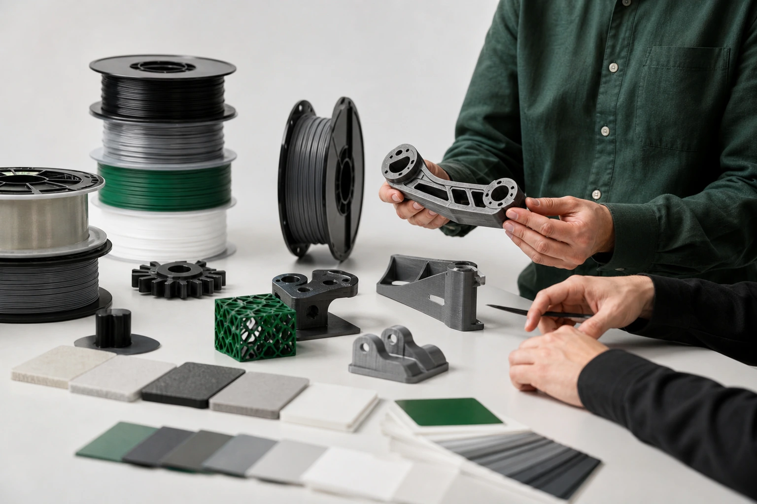 Filament spools, neutral package references, and review notes arranged for private-label planning