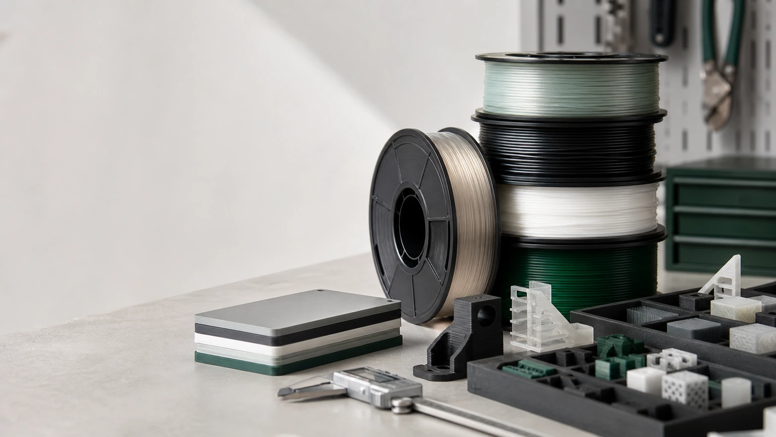 Filament spools and complete printed samples arranged for a material selection review