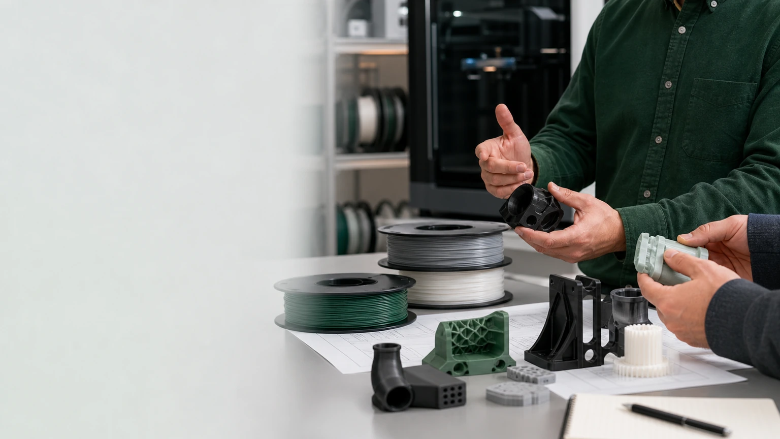 Illustrative buyer and filament specialist reviewing a complete FDM-printed part