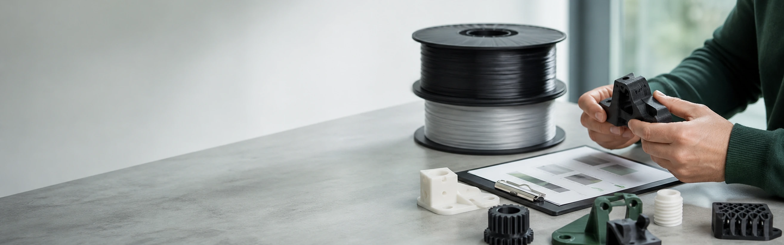Maker presenting glossy multicolor printed models beside a rainbow silk dragon, filament spools, and sample parts