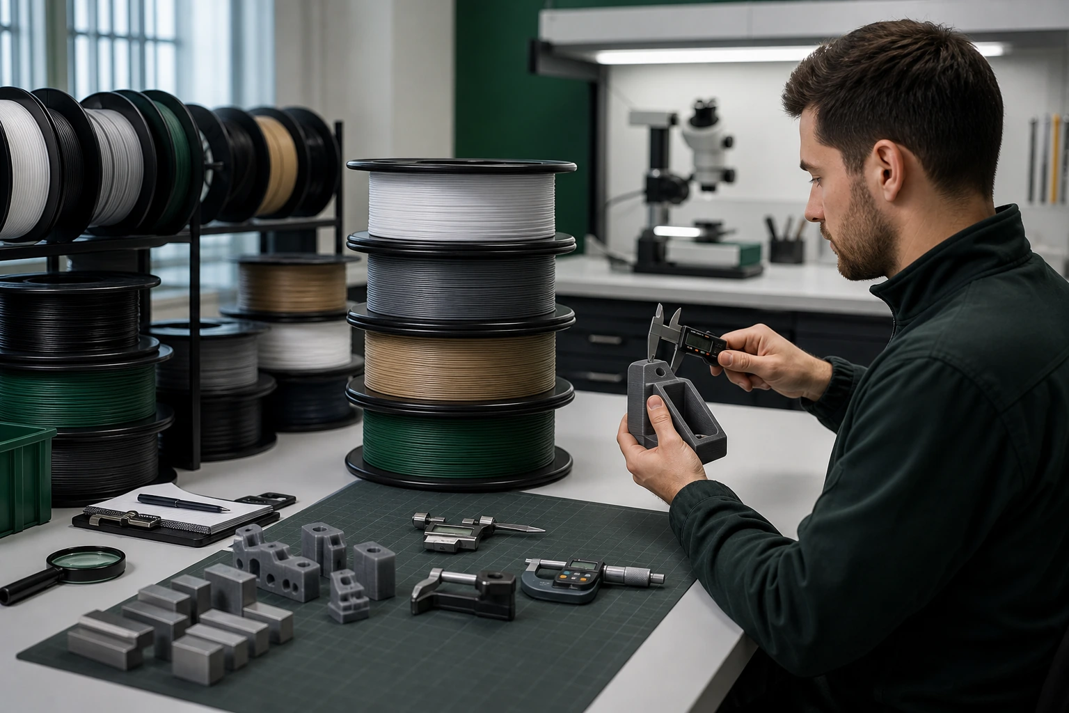 Filament samples and review notes arranged for a buyer qualification workflow