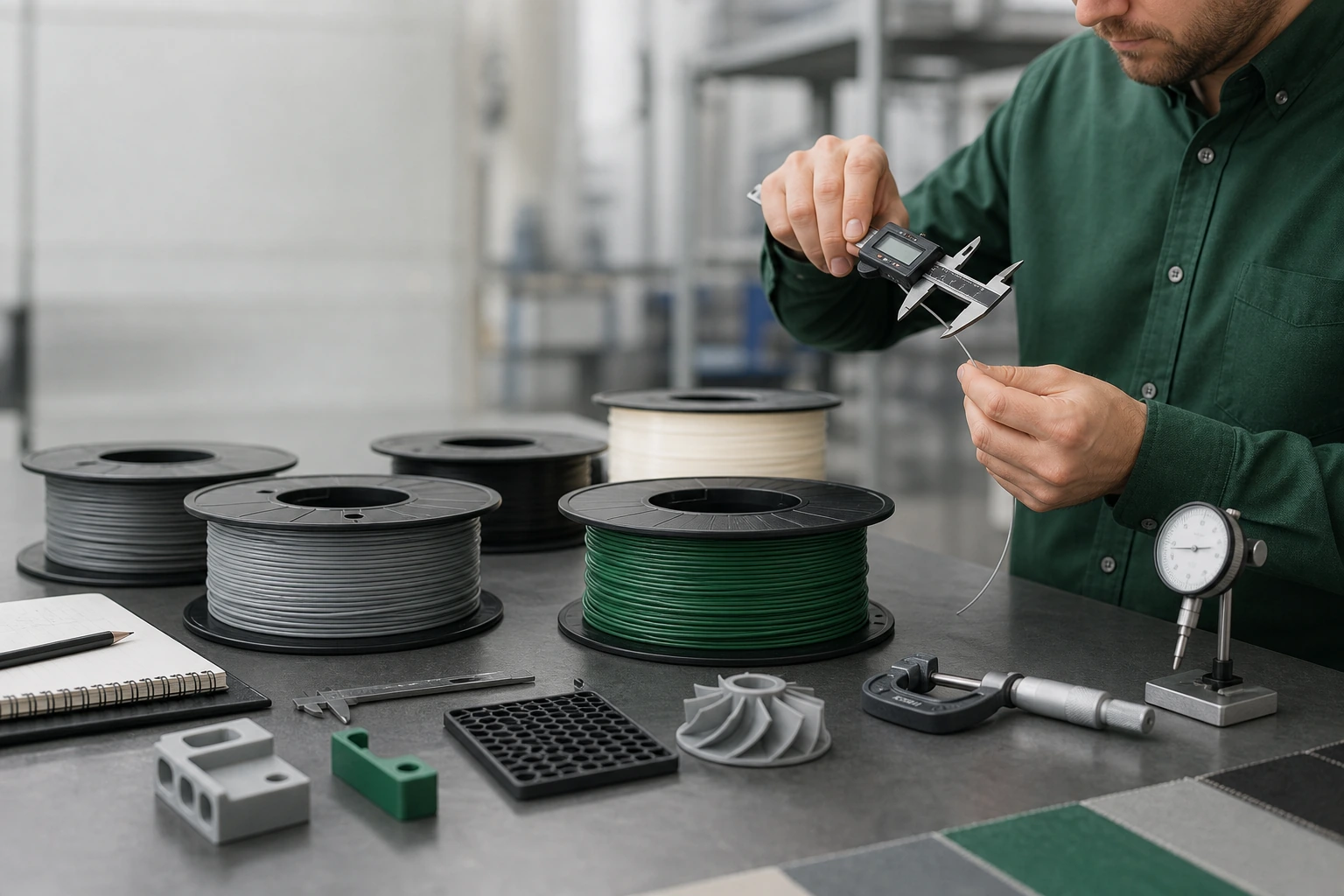 Illustrative quality-planning scene with filament, printed samples, measurement tools, and blank documents