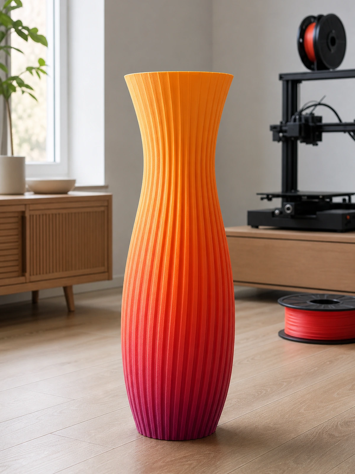 Complete 3D-printed tall ribbed vase in a minimal home interior