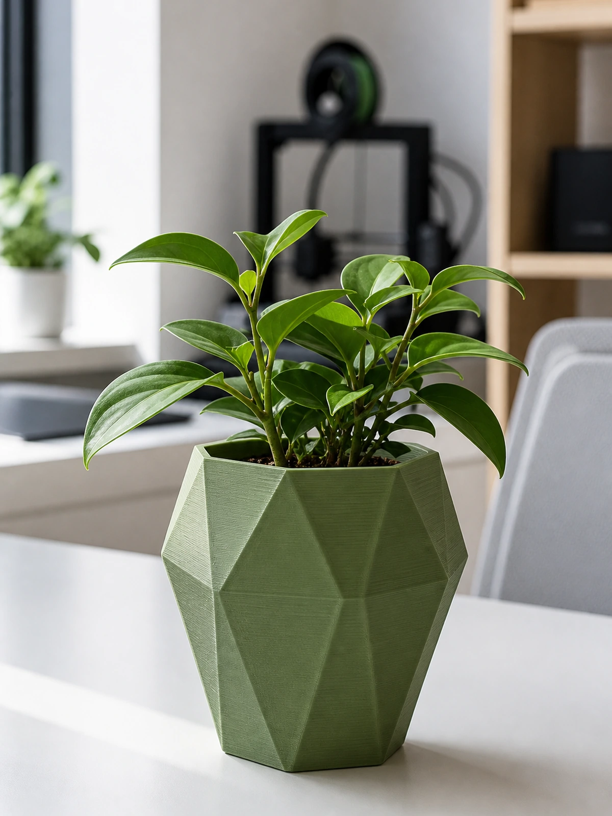 Complete 3D-printed faceted planter with healthy plant in a bright office desk