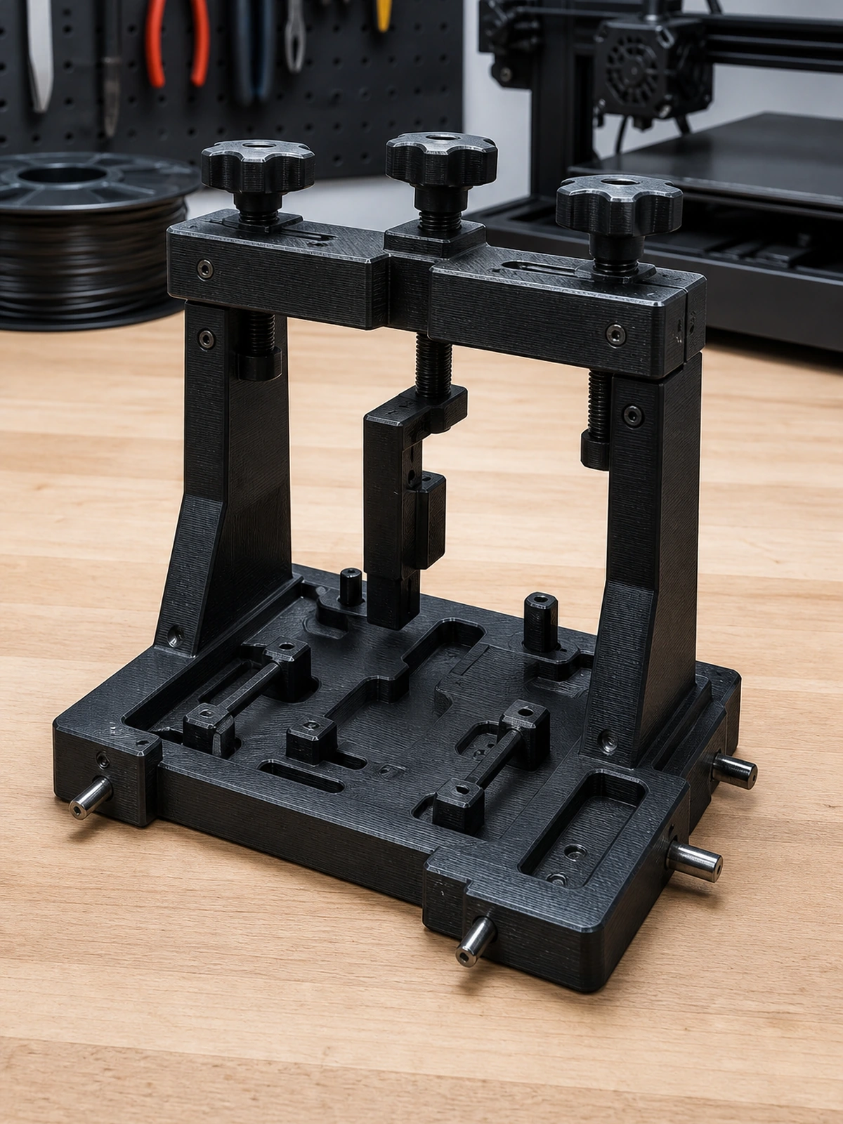 Complete 3D-printed precision assembly jig in a clean engineering bench