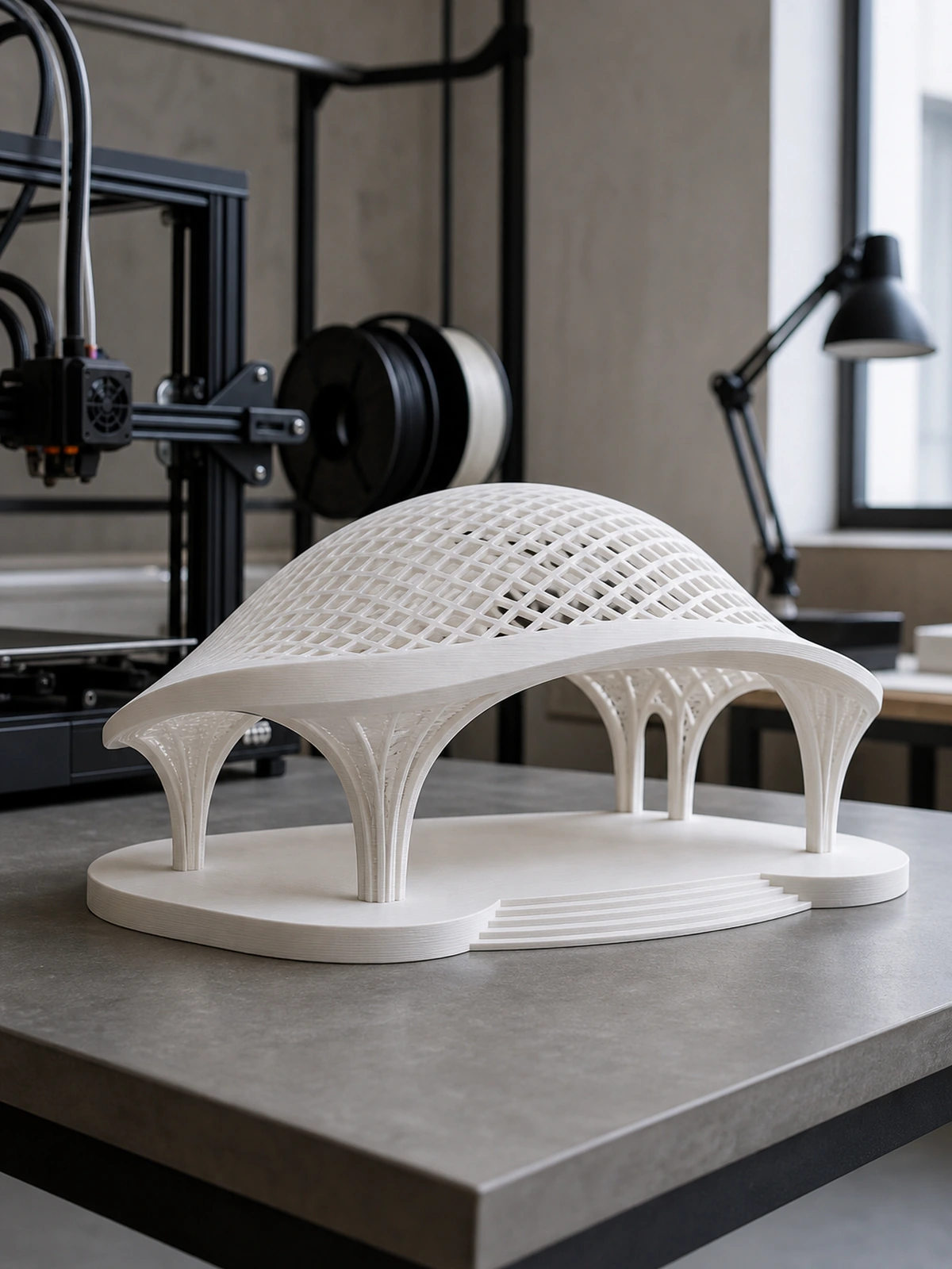 Complete 3D-printed architectural pavilion model in a architecture studio table
