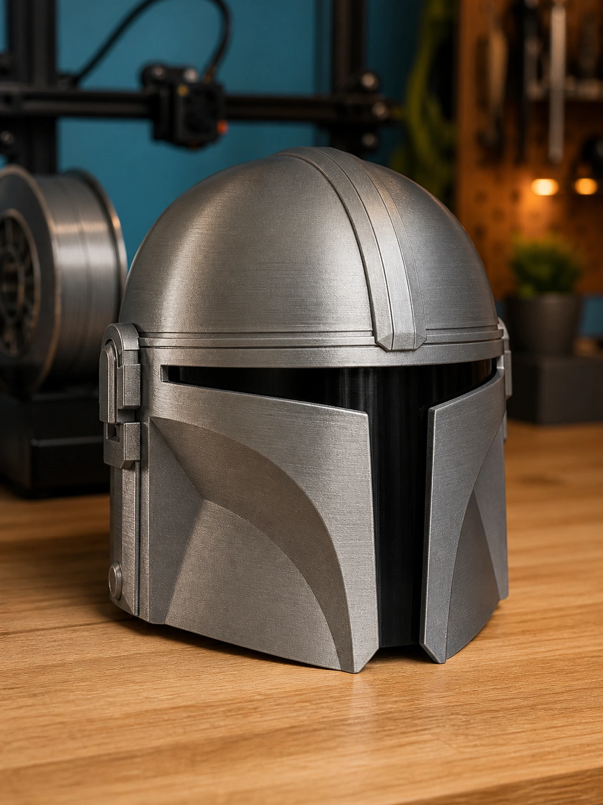 Complete 3D-printed complete cosplay helmet in a maker studio display