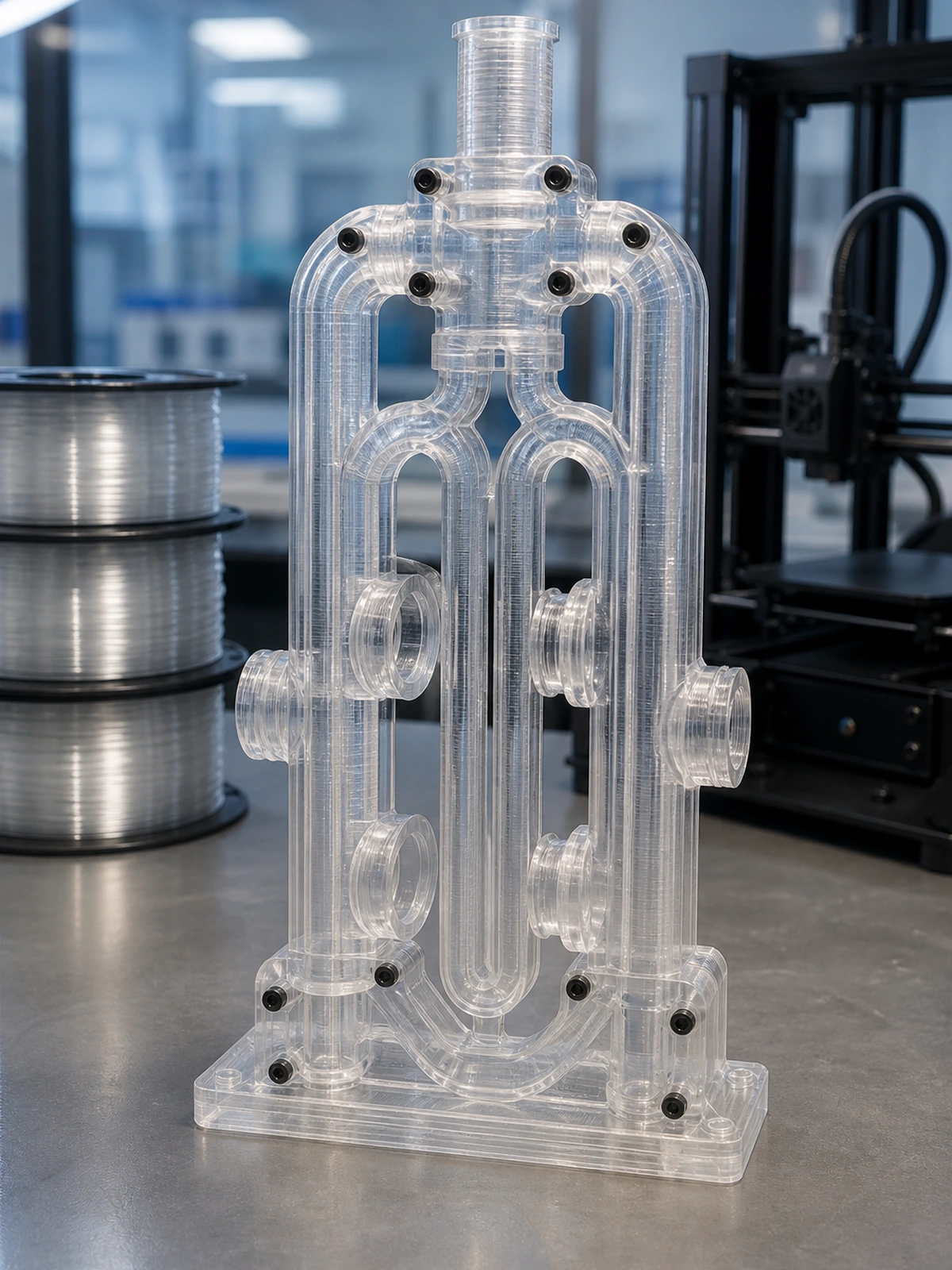 Complete 3D-printed transparent fluid-flow demonstrator in a research workbench