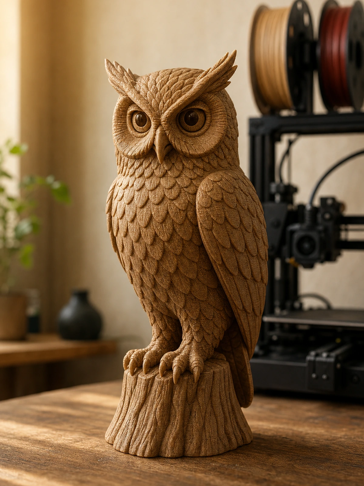 Complete 3D-printed complete carved owl figure in a warm creative studio