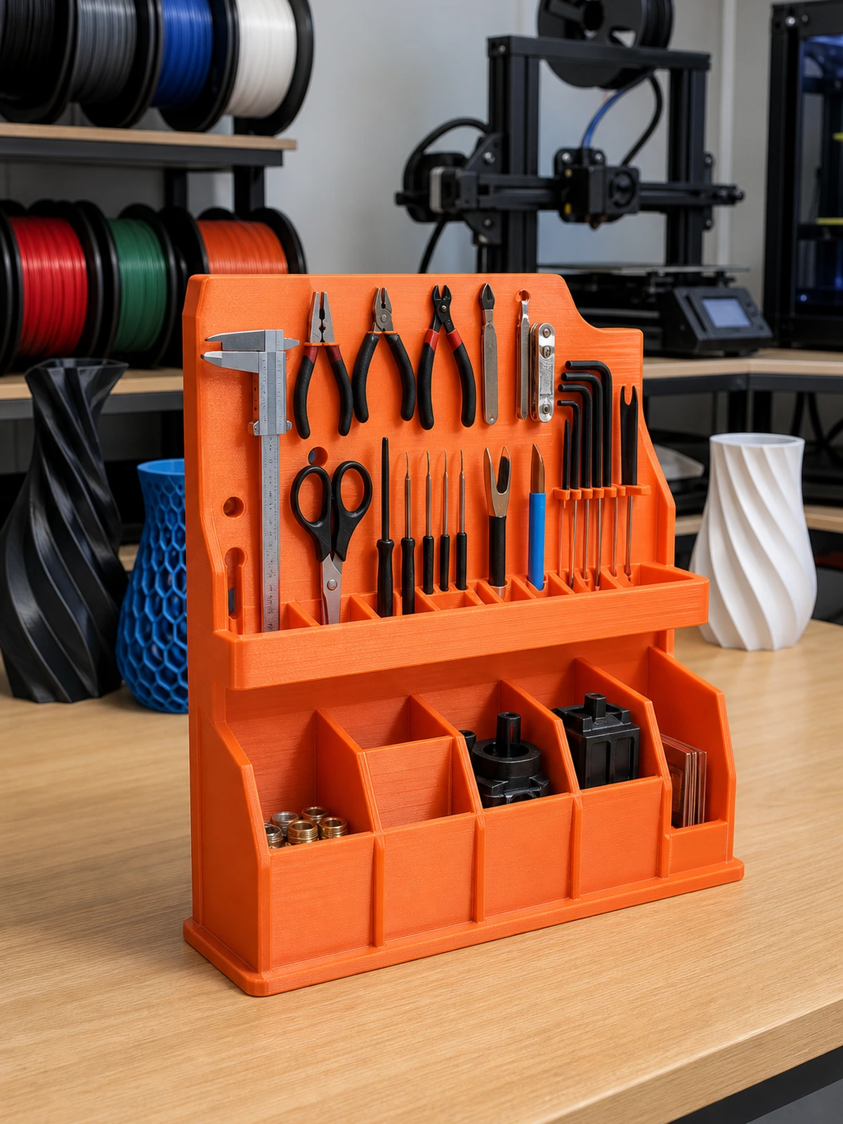 Complete 3D-printed large tool organizer in a print farm workstation