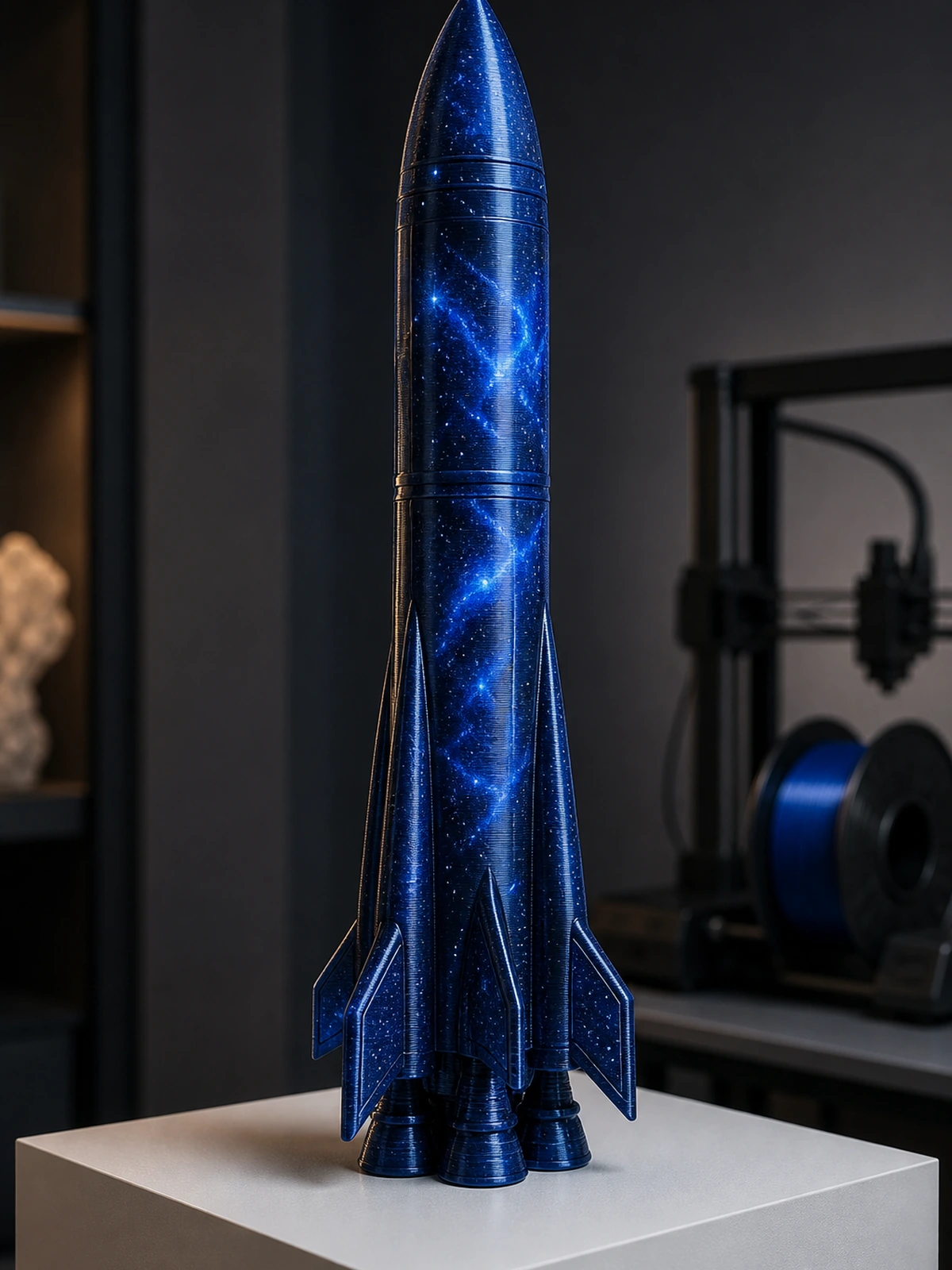 Complete 3D-printed complete astronomical rocket sculpture in a museum-style display plinth