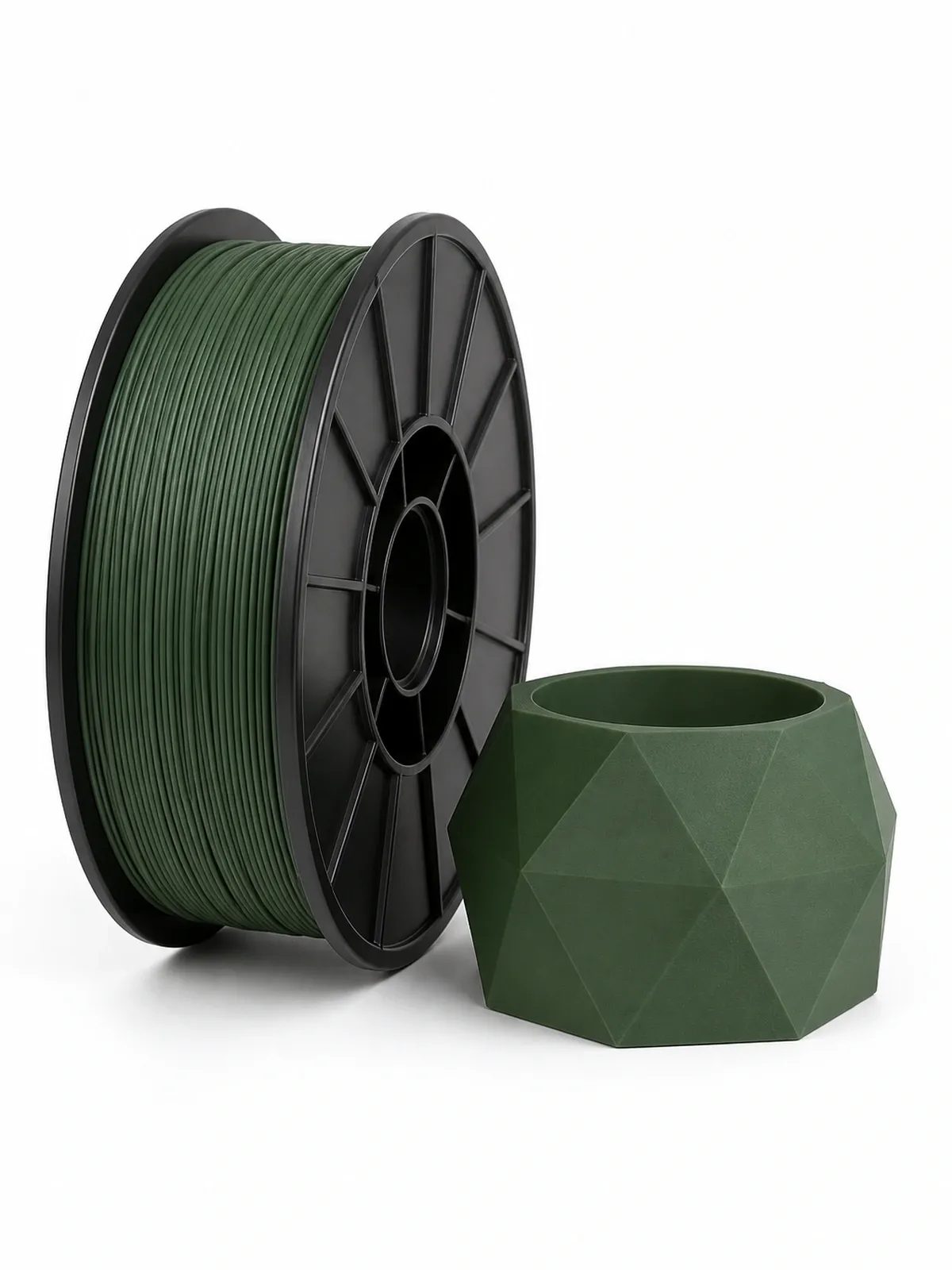 Unbranded PLA Matte filament spool beside a complete 3D-printed low-gloss geometric planter