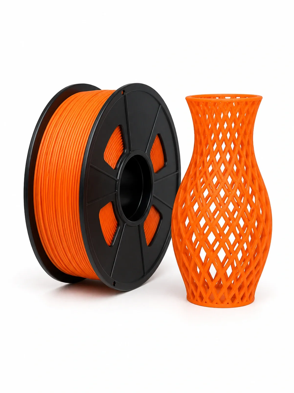 Unbranded PLA Basic filament spool beside a complete 3D-printed lattice vase