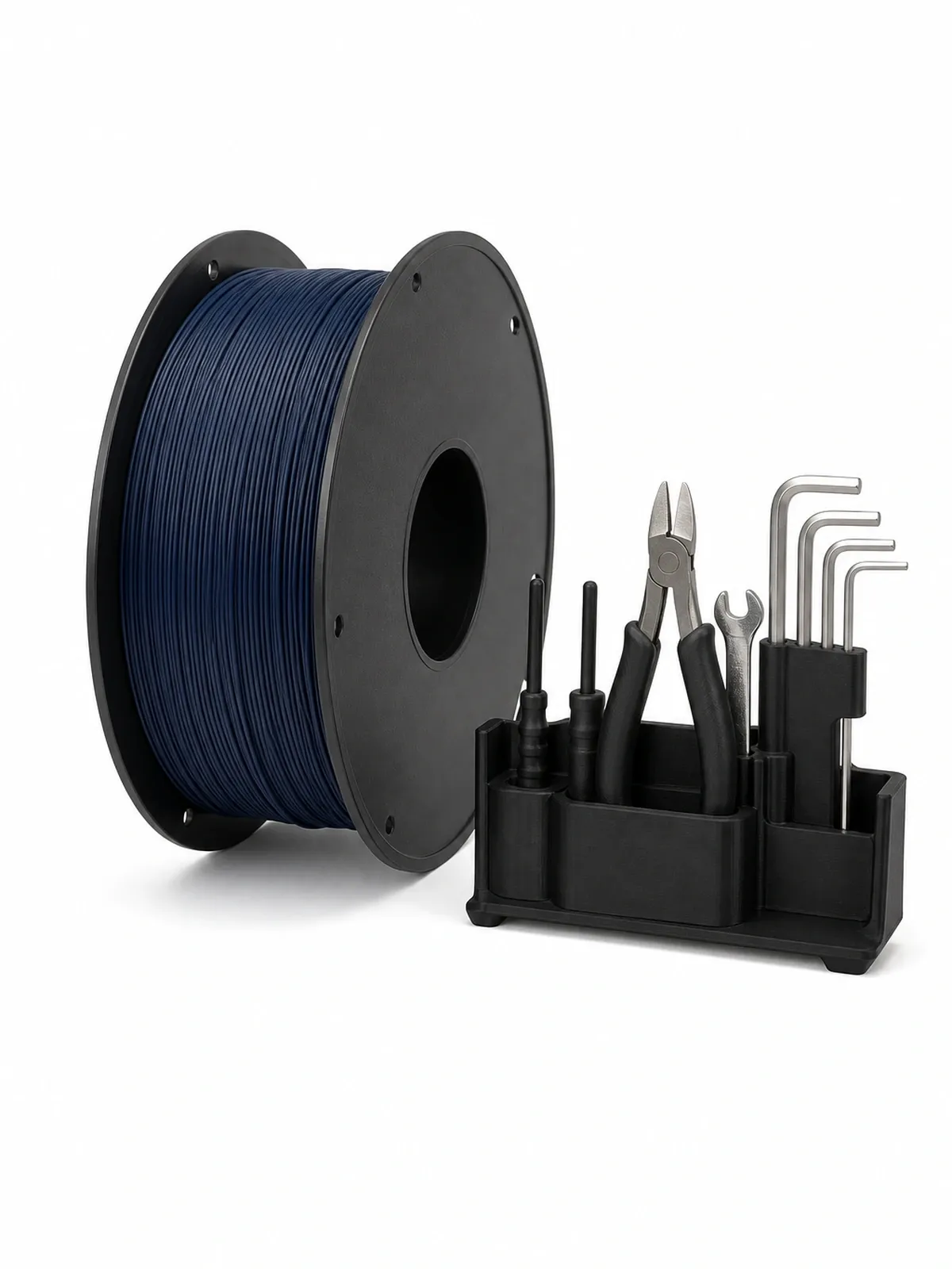 Unbranded PLA Tough+ filament spool beside a complete 3D-printed snap-fit tool holder