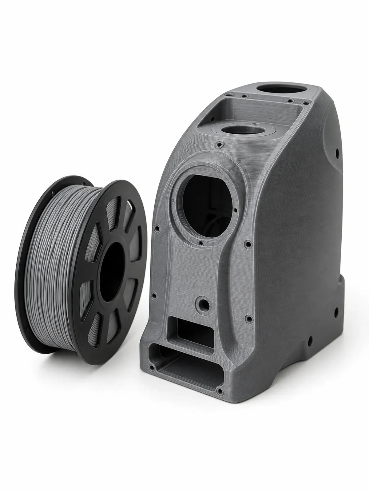 Unbranded PETG High-Flow filament spool beside a complete 3D-printed large smooth standalone 3D-printed machine housing shell with obvious FDM layer lines, not a printer