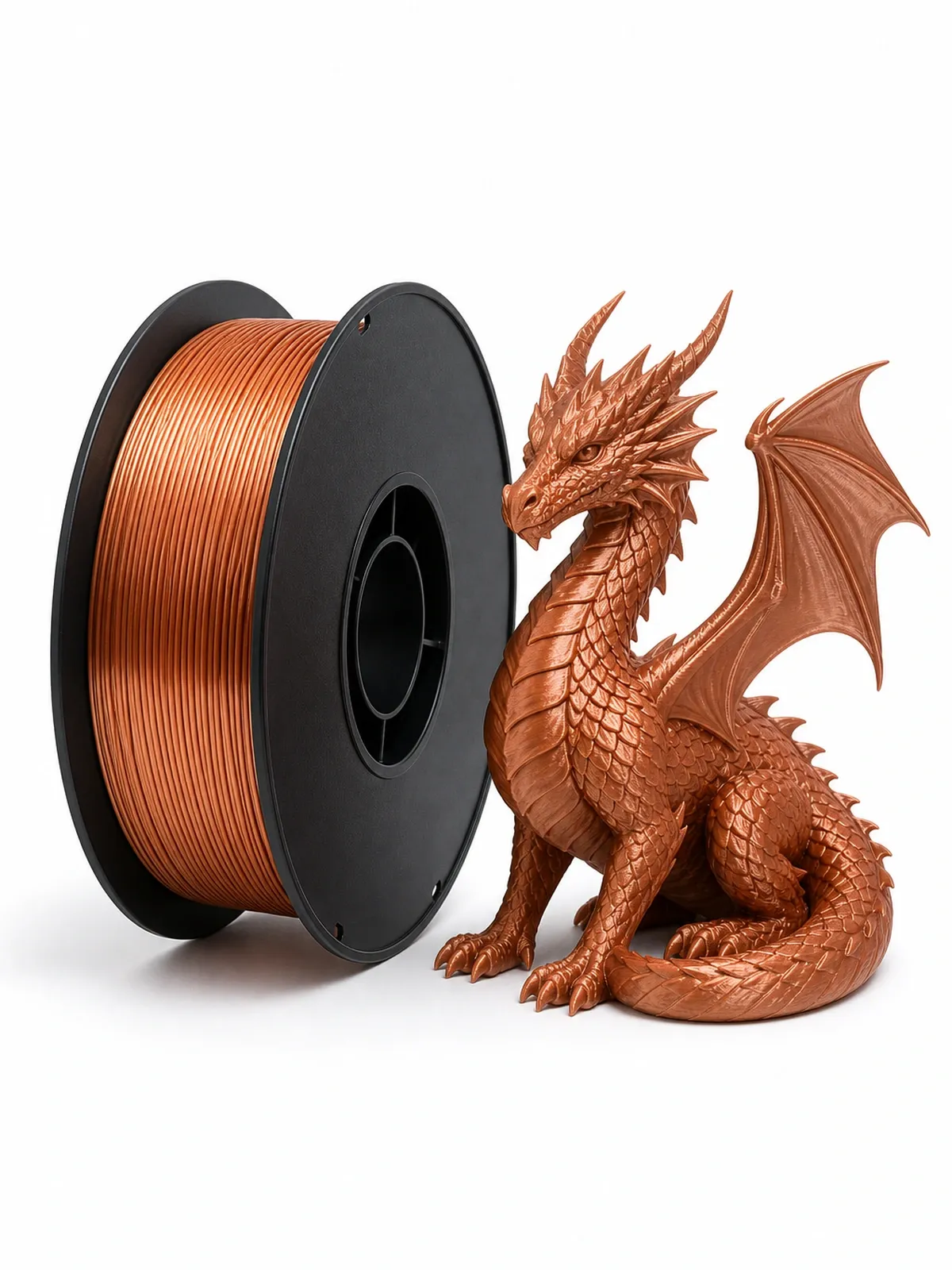 Unbranded PLA Silk+ filament spool beside a complete 3D-printed complete ornamental dragon