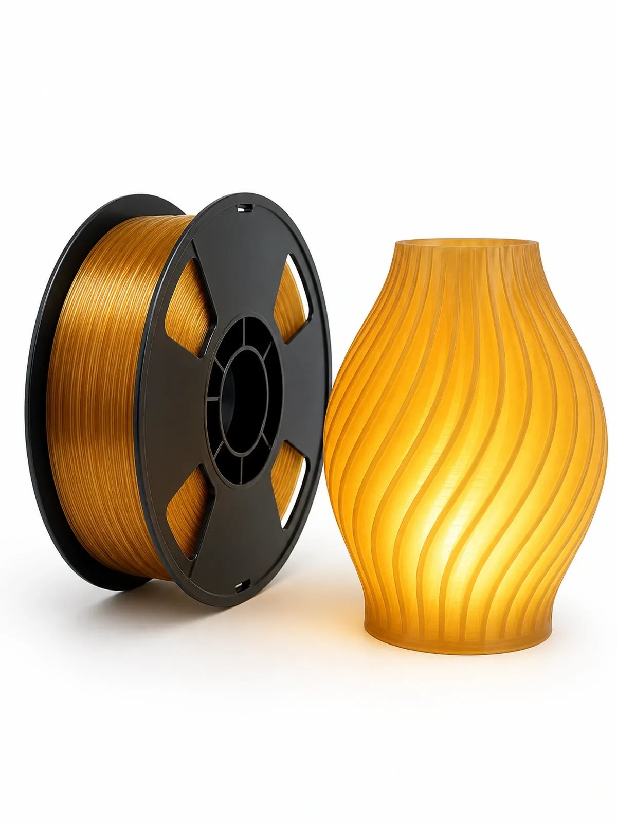 Unbranded PLA Translucent filament spool beside a complete 3D-printed complete glowing lamp shade