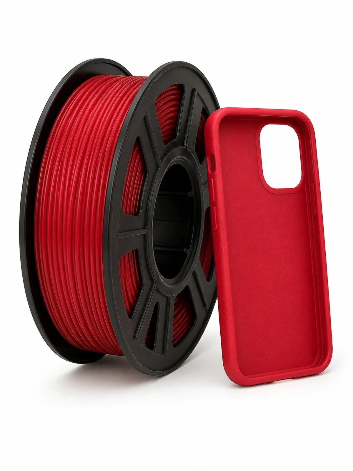 Unbranded TPU Flexible filament spool beside a complete 3D-printed flexible phone case