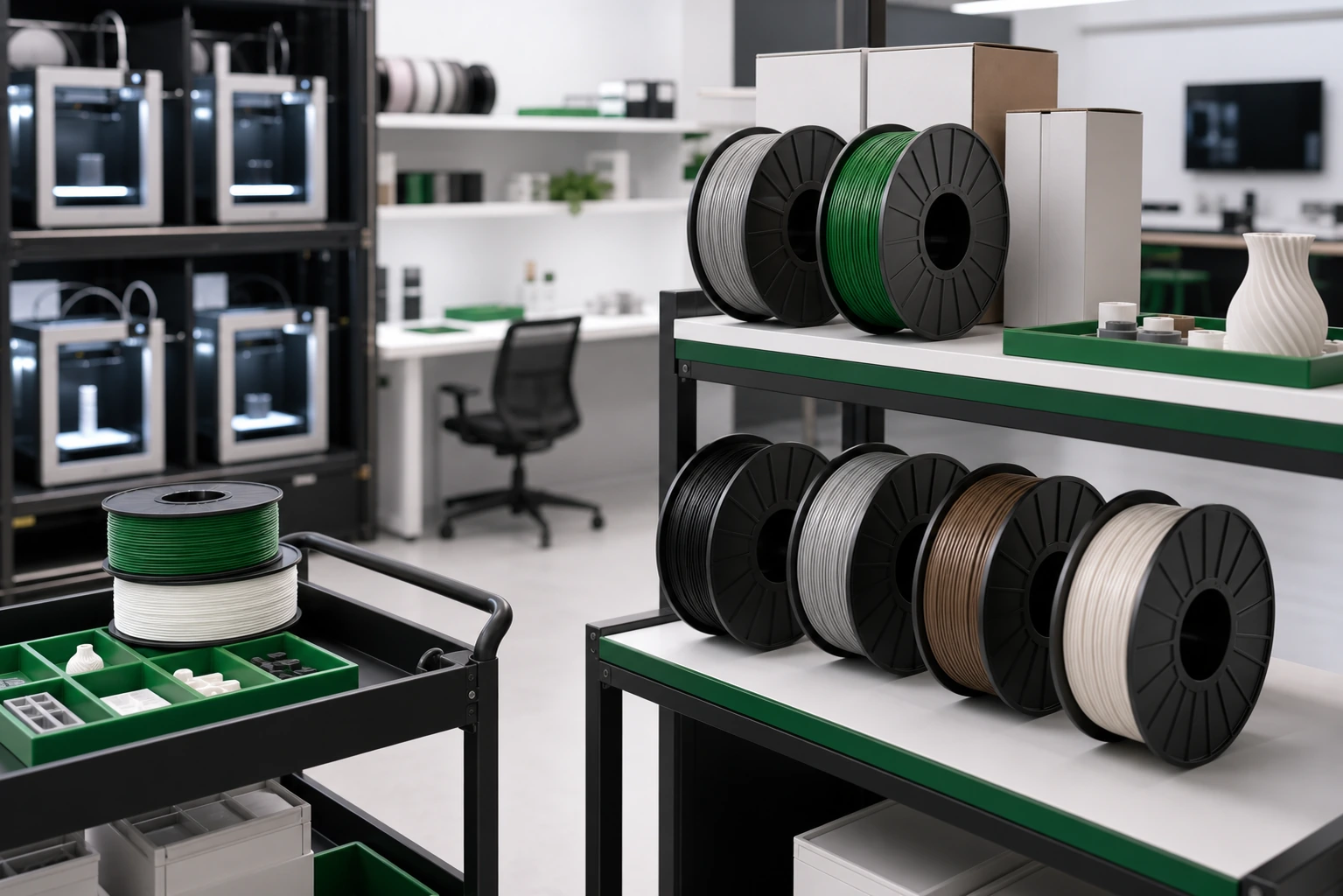 Unbranded 3D-printing materials and complete project models in a maker lab