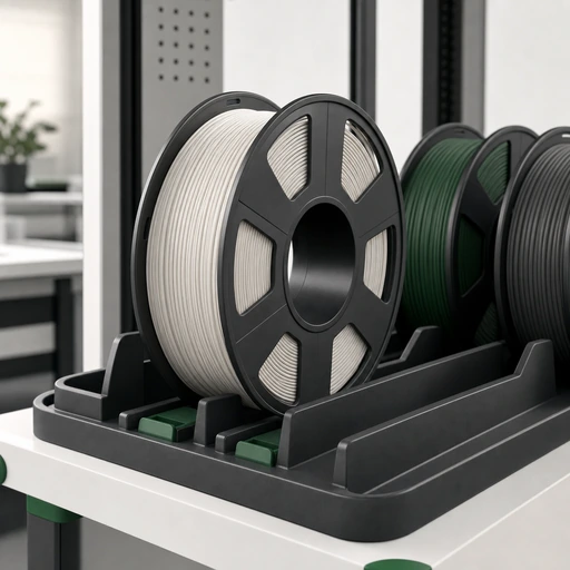 PLA filament spool and printed reference parts arranged for a proposed SKU review