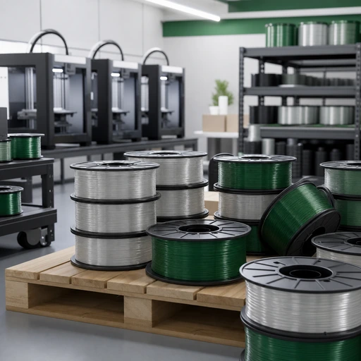 PETG filament spool and printed reference parts arranged for printer-group review