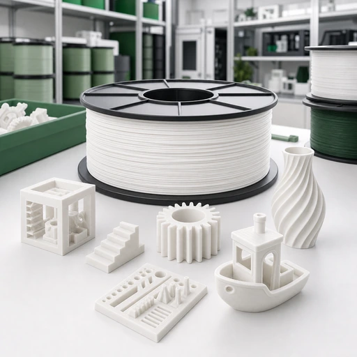 PLA filament and representative printed samples arranged for buyer qualification