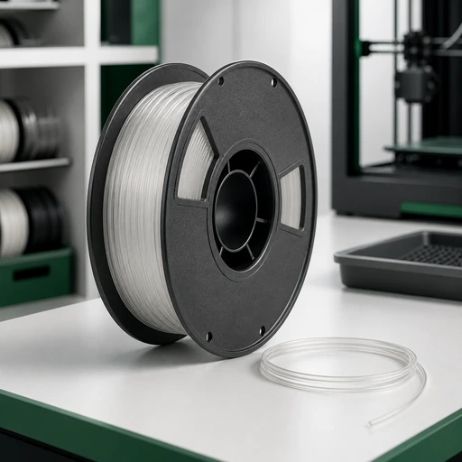 PETG filament and representative printed samples arranged for printer-path qualification