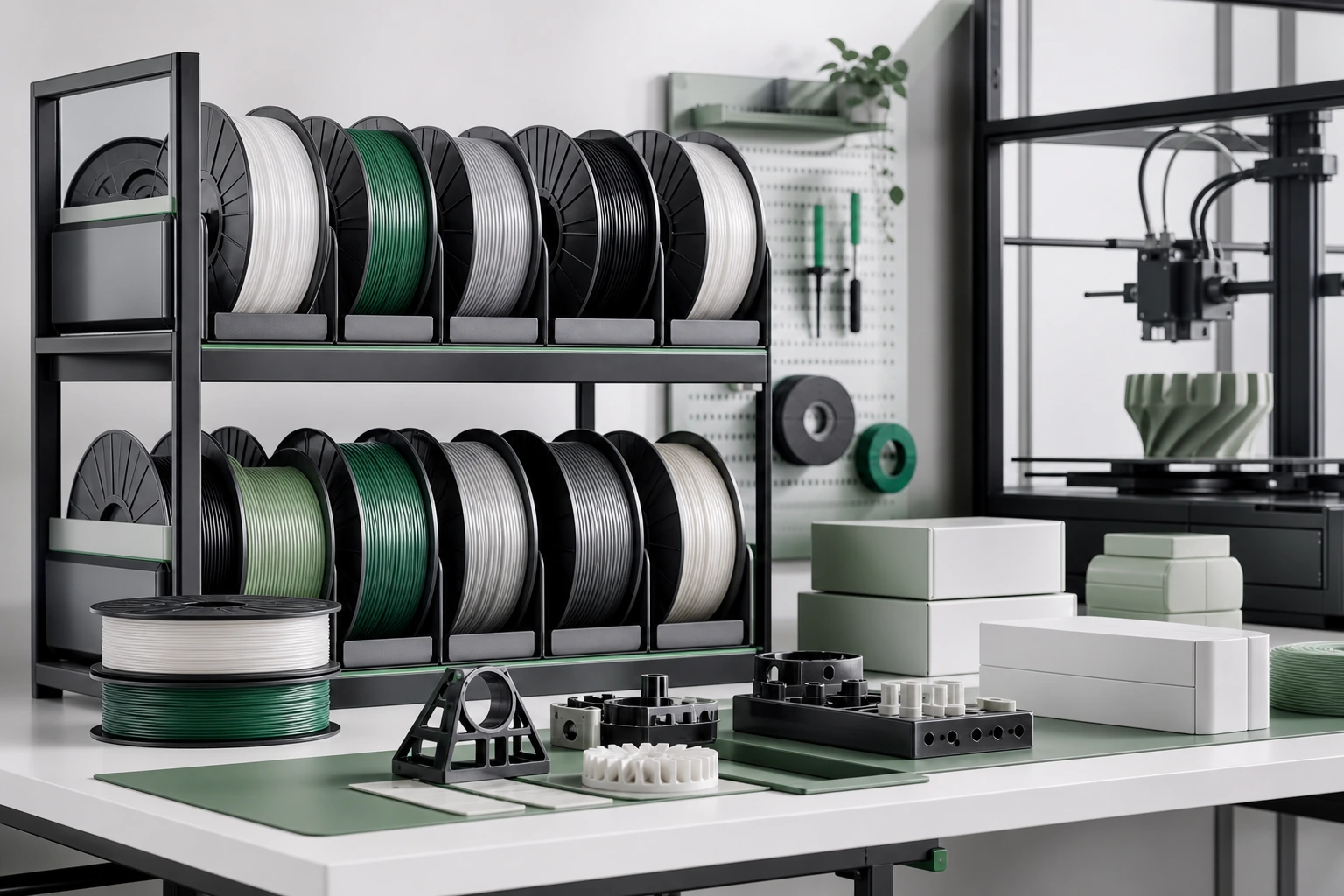 Material qualification and sample review in an unbranded 3D-printing workspace.