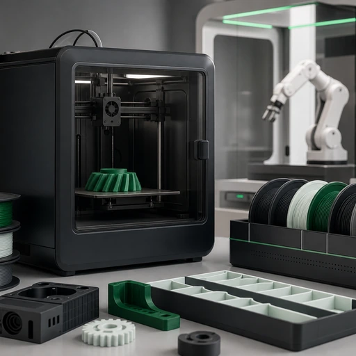 Unbranded 3D-printer ecosystem scene: robotics enclosure prototype beside an unbranded printer.