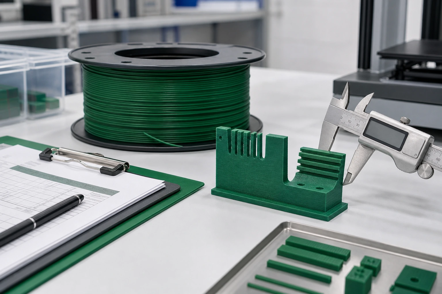 Illustrative filament planning scene with physical samples and blank review documents