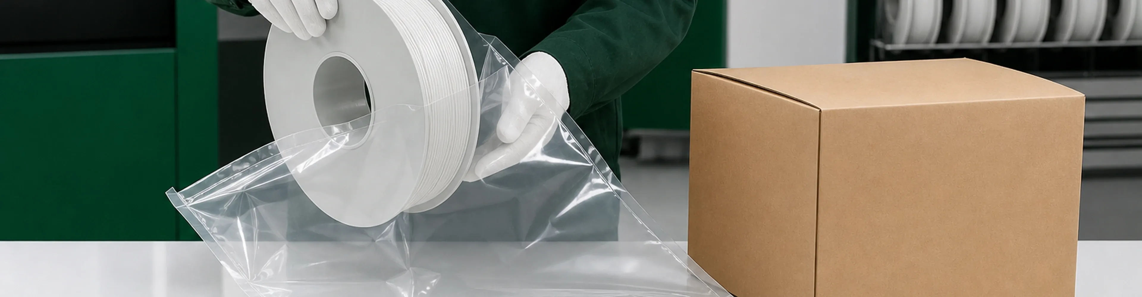A filament spool, protective bag, and plain carton illustrating packaging choices