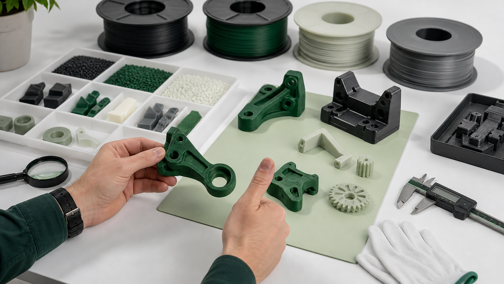Engineering filament grade review with material spools, nozzle, and functional test parts