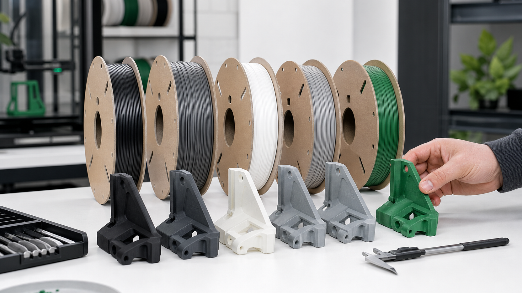 Print farm repeat-supply handoff with printers, filament spools, and completed parts