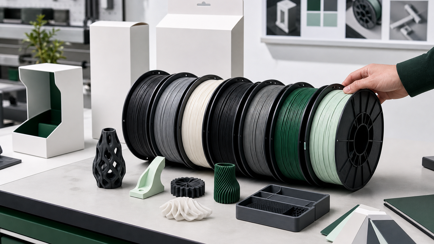 Retail assortment and product-information review with filament spools and printed samples