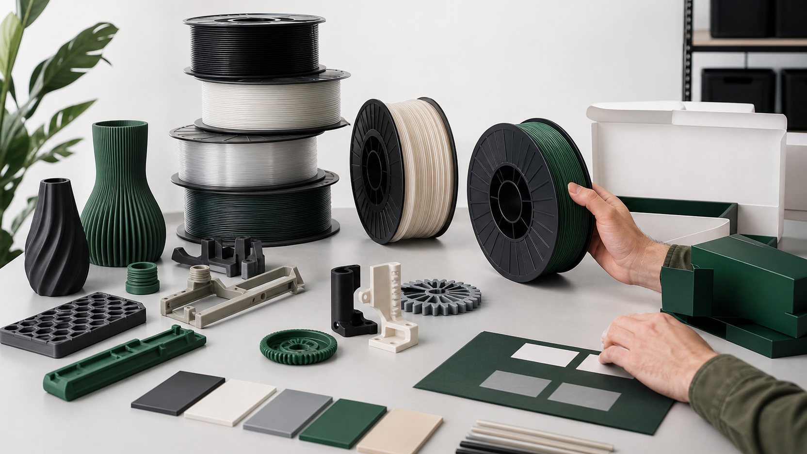 Retail content-review and replenishment handoff with filament spools and FDM samples