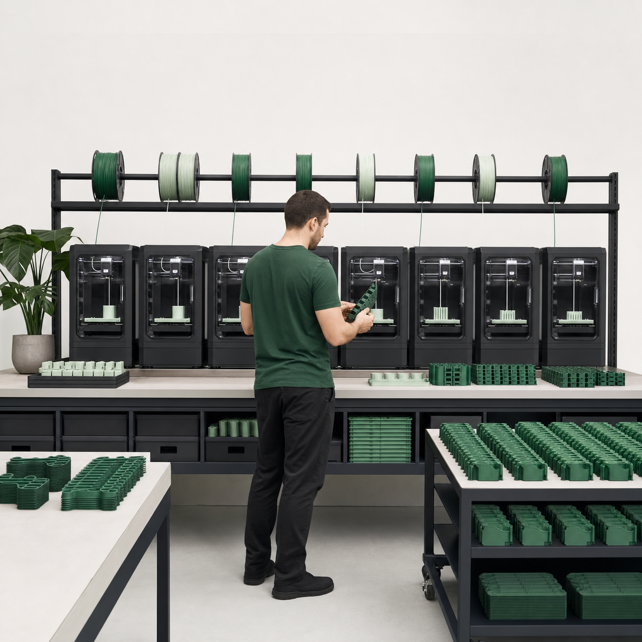 Print-farm operator beside multiple printers, filament spools, and a completed batch of parts