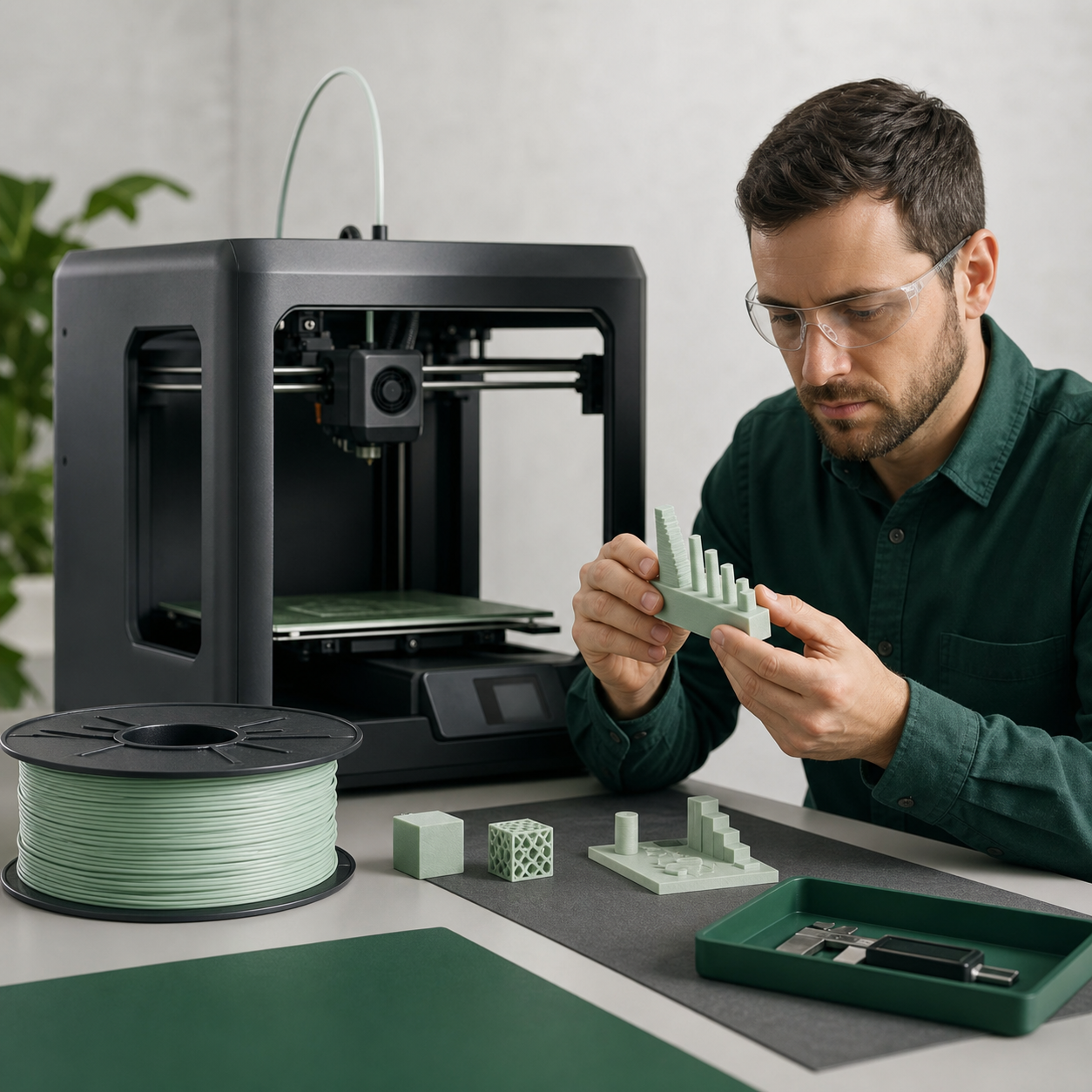 Printer qualification scene with filament, printed parts, and starting parameter notes