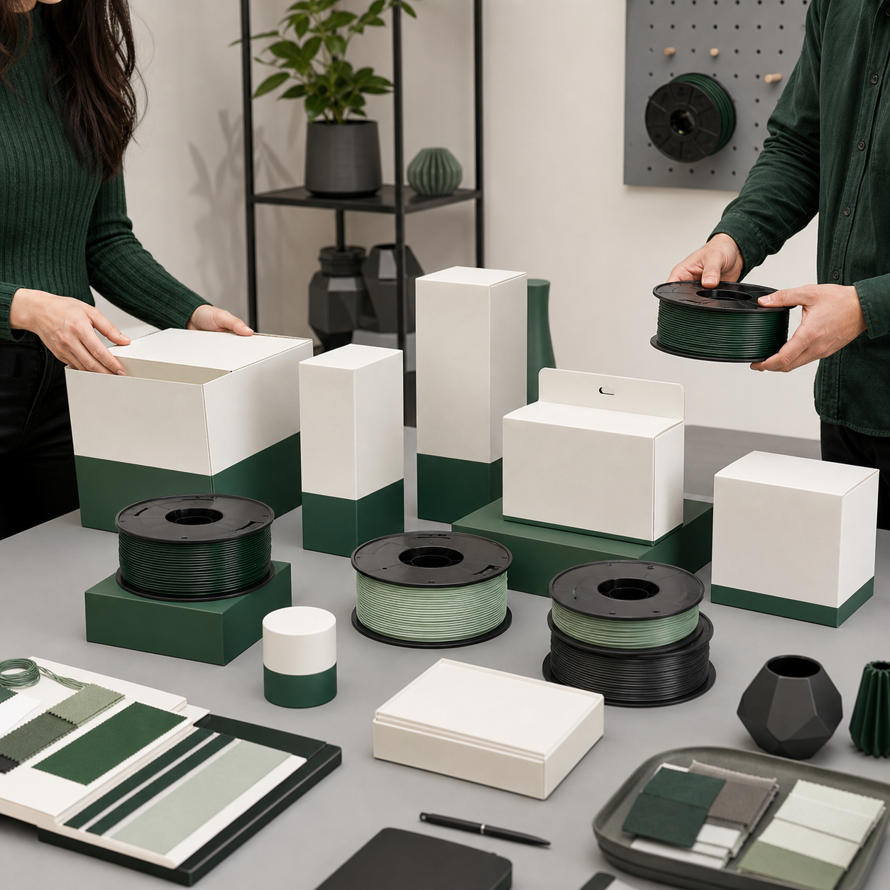 Private-label planning scene with filament spools, printed samples, and multiple unbranded packaging directions