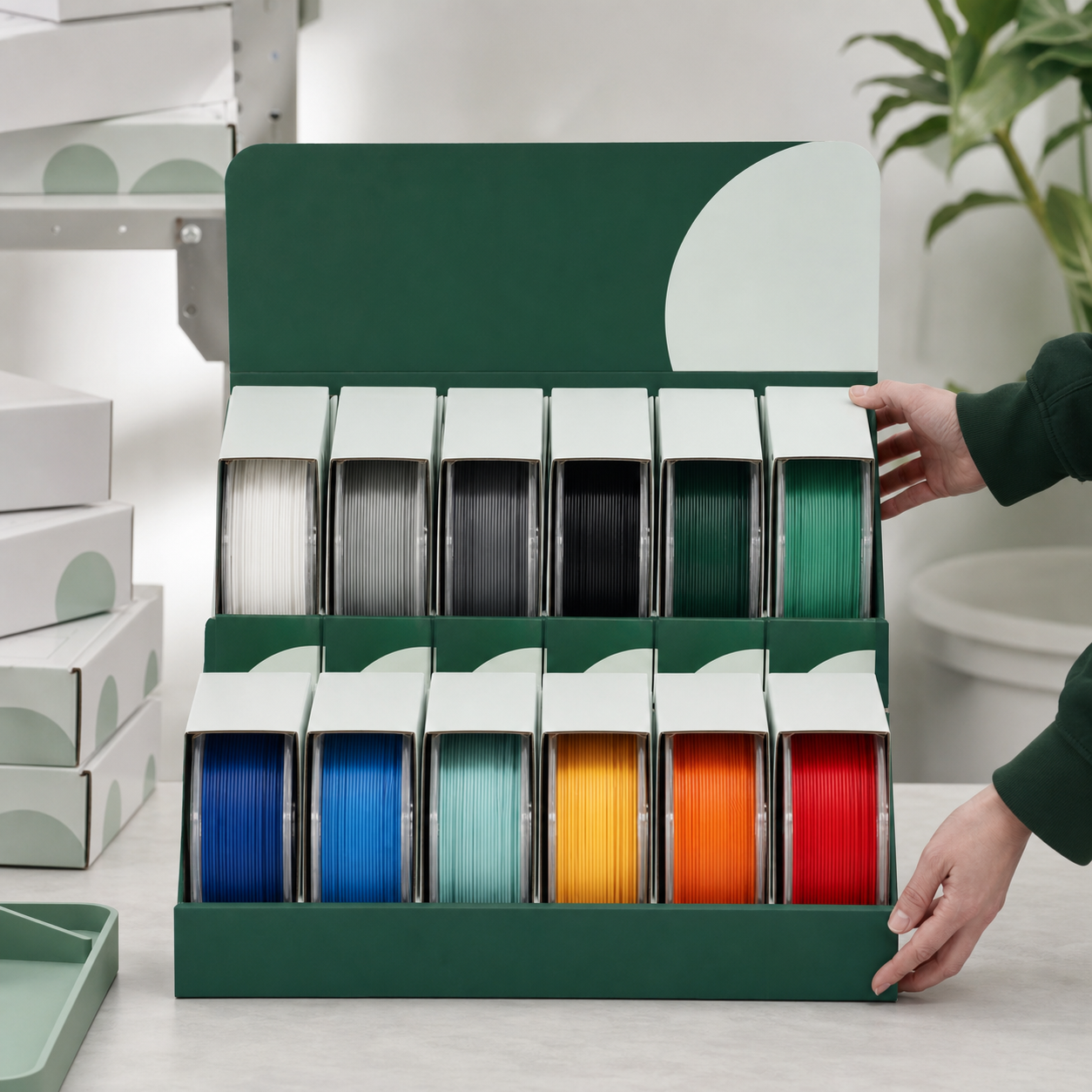 Retail-ready filament packaging with barcode, label, spool protection, and shipment checks